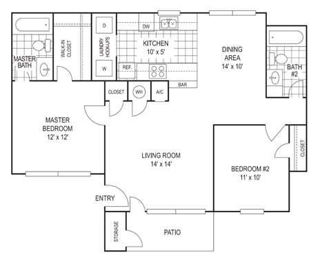 Floor plan for 2 beds, 2 baths, 985 sqft